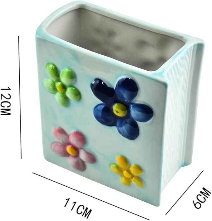 Ceramic Book Shaped Flower Pattern Cosmetic Storage Box, Desktop Organizers Make Up Brush Storage Stand Desktop Storage Box for Brush, Painting Brush (Blue)