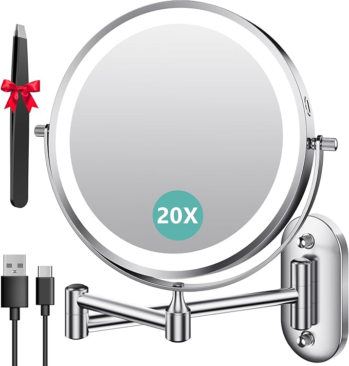 Auxmir 8'' Wall Mounted Lighted Makeup Mirror, 3200mAh Rechargeable Double-Sided 1X/20X Magnifying Mirror with Light, Touch Dimmable 3 Color Light, 360° Rotation Foldable Extended Arm, Chrome