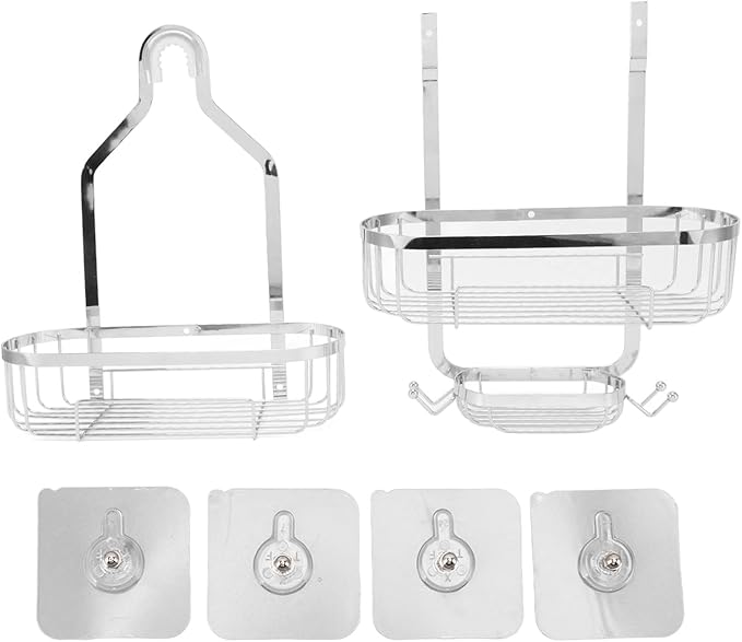 Metal Iron Wall Mounted Bathroom Basket, Punch Free Bathroom Shelves, 2 Layer Wall Mount Storage Basket for Bathroom with Adhesive Backing for Tile Glass Marble Surfaces (Electroplated)