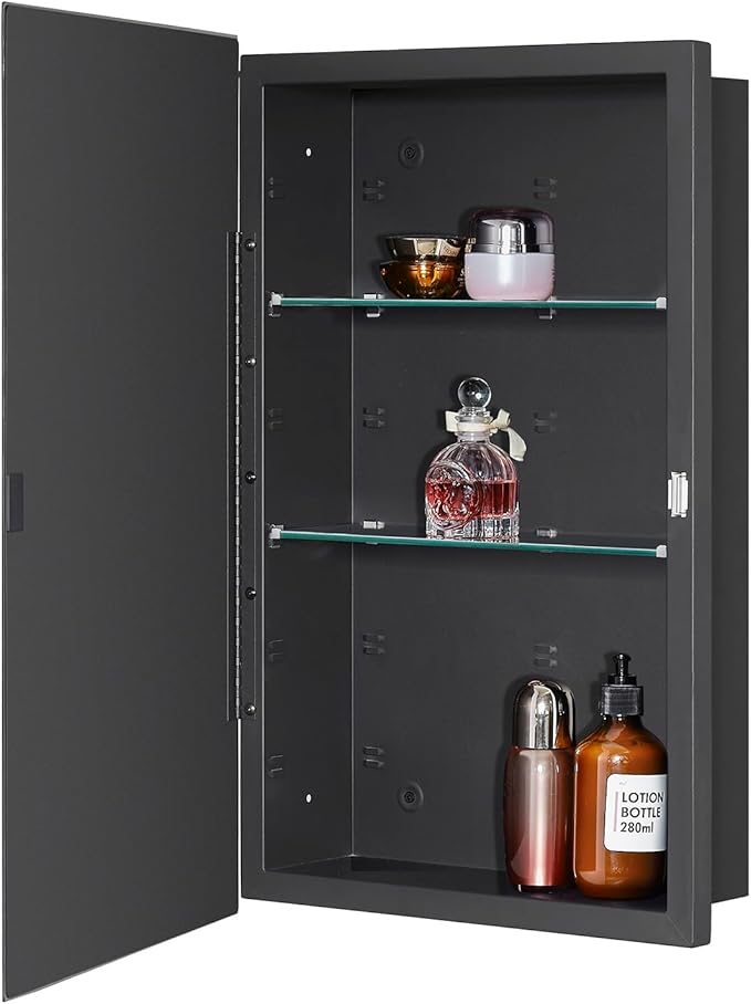 IDYLLOR Black Bathroom Medicine Cabinet with Beveled Edge Mirrored Door 15 x 24 inch, Recessed or Surface Mount, with Adjustable Glass Shelves