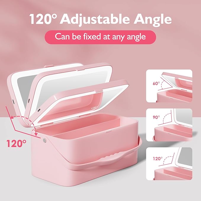 Makeup Case with Mirror and Light - Portable Cosmetic Box Rechargeable with 3 Color Mode and DIY Partitions for Women Girls (Pink B)