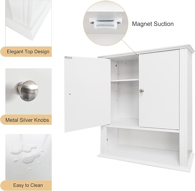 White Bathroom Wall Cabinet, Over the Toilet Storage Cabinet, Bathroom Cabinet Wall Mount, 2 Doors & Hooks, Medicine Cabinet Organizer, Hanging Wall Cabinet Cupboard for Kitchen Laundry Room White