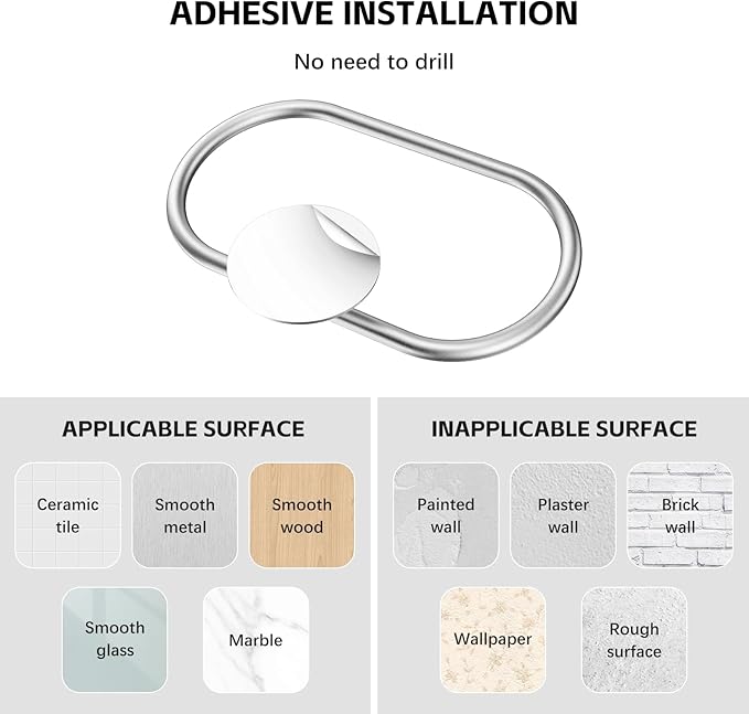 Adhesive Towel Holder Brushed Nickel Hand Towel Holder for Bathroom Wall Stainless Steel Towel Ring for Bathroom Decor and Accessories No Drilling, 2 Packs
