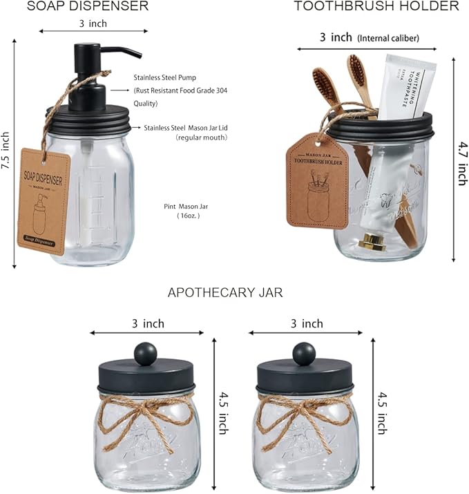 SheeChung 6Pcs Mason Jars Bathroom Accessories Set - Toothbrush Holder, Soap Dispenser, Qtip Holders, Soap Dish, Wire Paper Storage, Farmhouse Bathroom Decor (Vintage Grey, 6Pcs Bathroom Set)