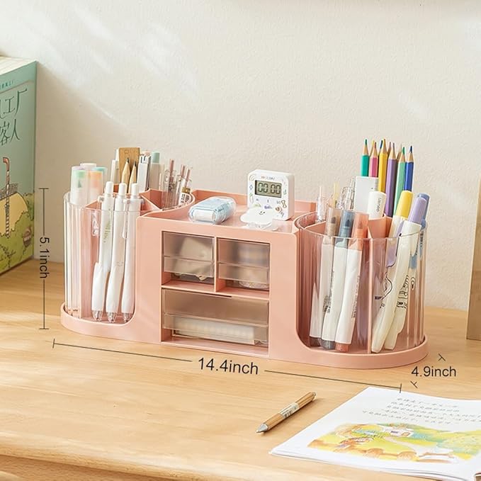 360 Rotating Makeup Brush Holder with 3 Drawers, Makeup Organizer Countertop with 10 Slots Pencil Holder,Hair Comb Holder for Vanity (Pink (3 Drawer))