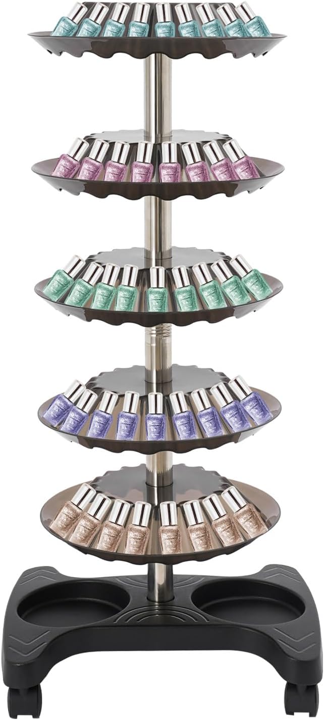 DYRABREST 5-Tier Nail Polish Trolley Organizer, 360° Rotating Nail Polish Display Stand with Wheels, Adjustable Shelves, White Modern Rolling Cart for Nail Salons and Home Use (black)