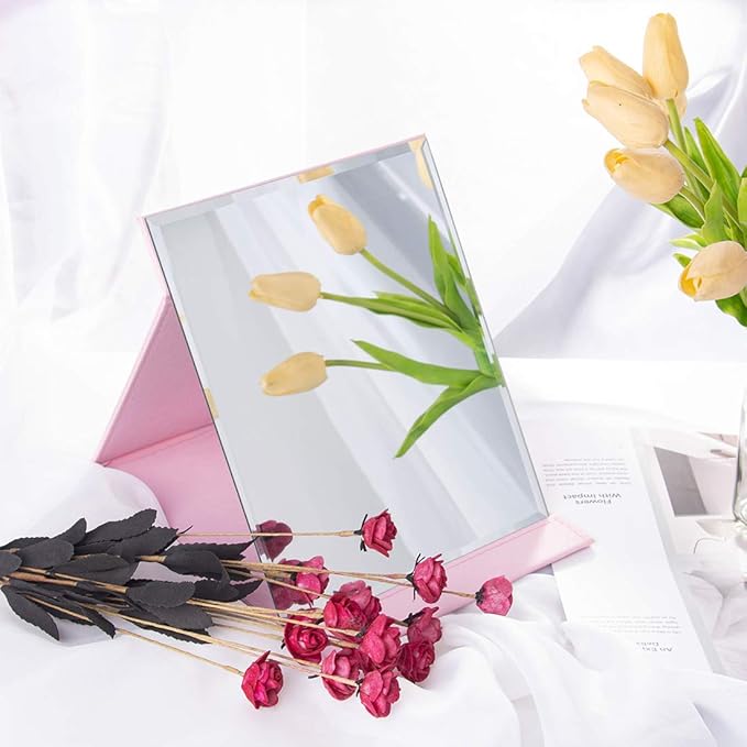 LONGSHENG - SINCE 2001 - Protable PU Leather Mirror Folding Desktop Makeup Mirror with Adjustable Stand for Personal Use,Travelling (L, Pink)