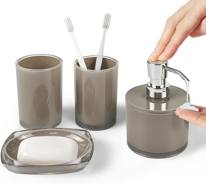 Thickened Bathroom Accessories Set, 4-Piece Bathroom Accessories Set with 2 Toothbrush Cups, Soap Dispenser, Soap Dispenser (Light Brown)