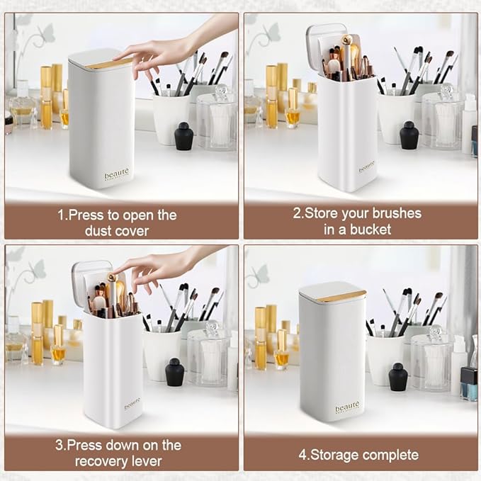 zxbaers Makeup Brush Holder with Lid with 8PCS Makeup Brushes, Dustproof Make Up Organizer, Covered Makeup brush Holder for Vanity Desktop Bathroom Countertop