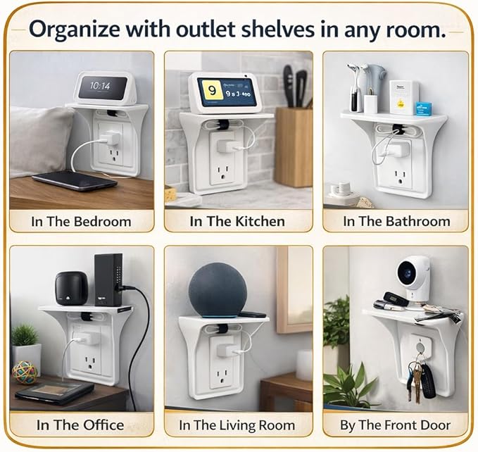 (2 Pack) Outlet Shelf – Wall Mount Organizer for Echo Dot, HomePod Mini, Alexa and Smart Home Devices – Bathroom Space Saver, Renter-Friendly for Kitchen, Bedroom, Office