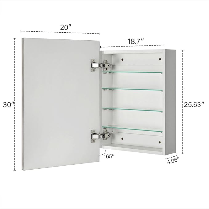 TEHOME 20'' x 30'' Brushed Nickel Recessed and Surface Mount Bathroom Medicine Cabinet with Mirror Square Cornered Metal Framed Rounded Rectangle Medicine Cabinet Mirror