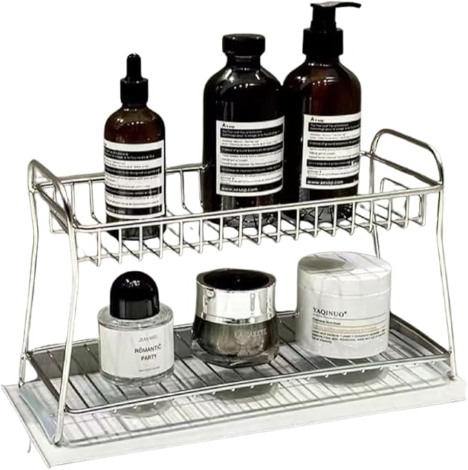Stainless Steel Bathroom Organizer, Sink Shelf Storage Rack for Vanity, Cosmetics & Toiletries, Waterproof Standing Shelf and Toothbrush Holder (3)
