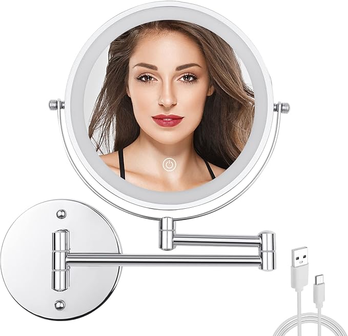 8" LED Wall Mounted Makeup Mirror, 1X/10X Magnifying Vanity Mirror with 3 Color Modes, 2000mAh Rechargeable 360° Swivel Extendable Arm, Polished Chrome for Bathroom Makeup, Shaving, Skincare