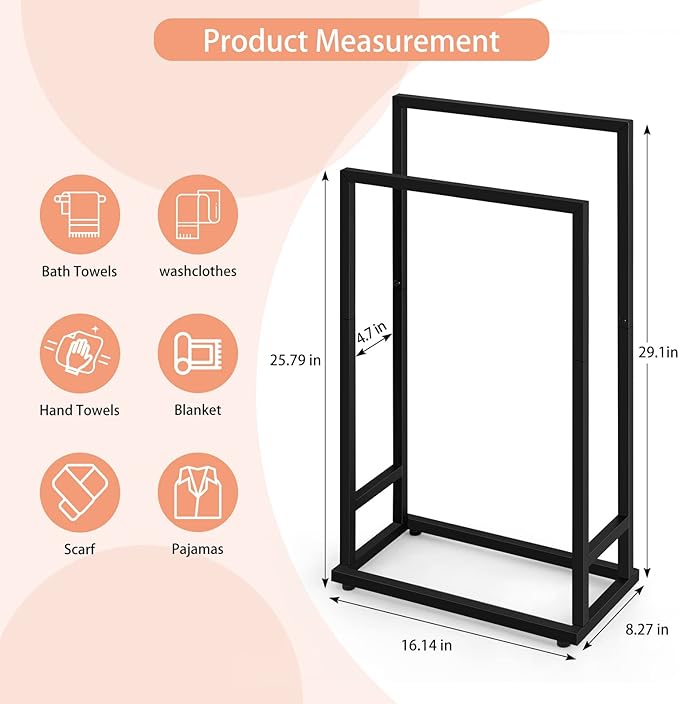 Freestanding Towel Rack 2 Tier Towel Holder Stand Small Hand Towel Drying Rack Black Towel Blanket Racks for Bathroom Laundry Room Bedroom Pool (Matte Black)