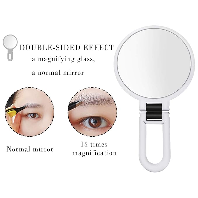 Vtrem 15X 1X Magnifying Makeup Mirror Double Sided Handheld Mirror with Magnification Portable Folding Vanity Mirror with Stand for Home Travel, White