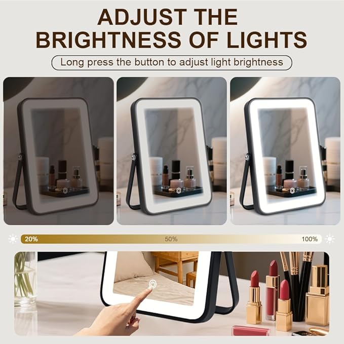 Rechargeable LED Vanity Mirror with Lights, 7"x10" Black Makeup Mirror with Lights, 3-Color Lighting, for Dorm, Livingroom, Gifts for Women