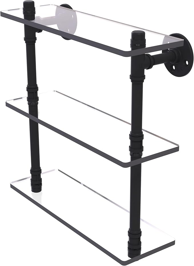 Allied Brass P-440-16-TGS-BKM Pipeline Collection 16 Inch Triple Glass Shelf, Matte Black