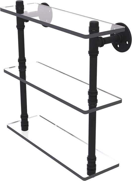 Allied Brass P-440-16-TGS-BKM Pipeline Collection 16 Inch Triple Glass Shelf, Matte Black