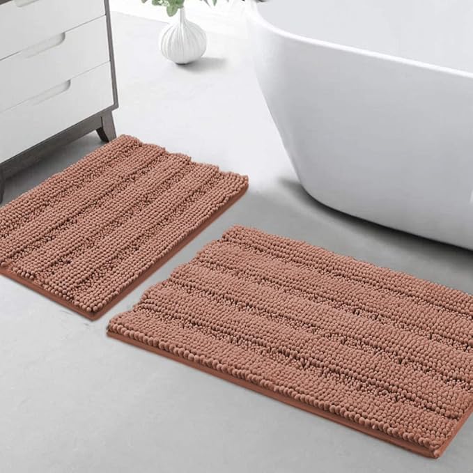 Turquoize Chenille Bathroom Rugs Set Non-Slip Bath Mats for Bathroom Extra Soft and Absorbent Shaggy Bath Mats for Bathroom Floor Indoor Mat for Kitchen/Entryway (20" x 32" and 17" x 24"), Muted Clay