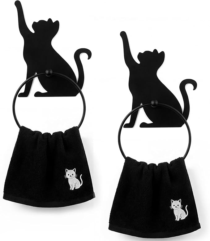 2pcs Cat Metal Towel Rings Christmas Cat Towel Holder Oil Rubbed Bath Towels Ring Black Art Hand Towels Rack for Bathroom Kitchen Hanger Home Decors Gifts