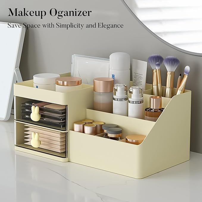 Makeup Organizer, Cosmetic Desk Storage Box with Drawers Skincare Organizers for Dressing Table, Countertop, Bathroom Counter, Vanity Holder for Brushes, Lotions, Lipstick, Perfume (Yellow-Clear)