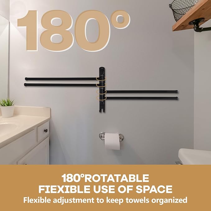 Teenyyou 20.4 Inches Swivel Towel Rack 304 Stainless Steel 4 Arms Bathroom Towel Rack Hanger Pool Holder Wall Mounted Swivel Bar Space Saving with Hook(Black)