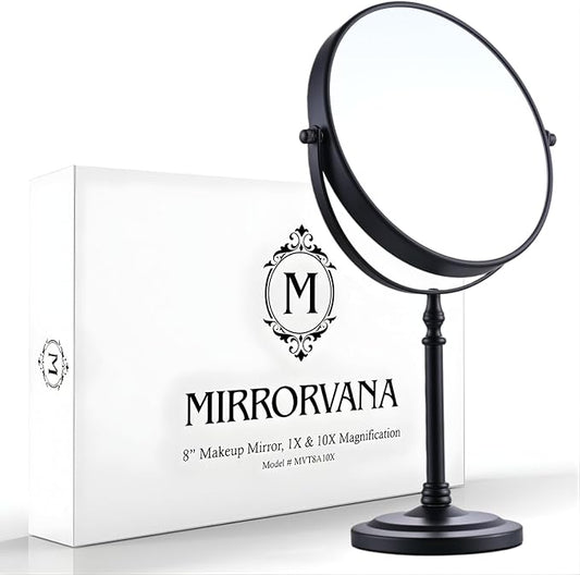 MIRRORVANA Large Double Sided 10X and 1X Magnifying Makeup Mirror with Stand in Gift Box, 15” Tall and 8” Wide (Black)
