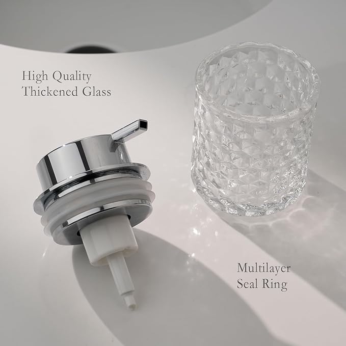 CICUFY Hand Soap Dispenser Glass, Refillable Liquid Dispenser for Bathroom & Kitchen,Lotion Dispenser with Large Silver Pump（Diamond Pattern-Clear）
