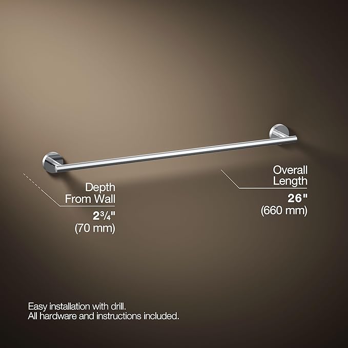 KOHLER K-27287-CP Elate® 24" Towel Bar, Minimalist Design, Premium Durable Metal, Corrosion Resistant, Polished Chrome