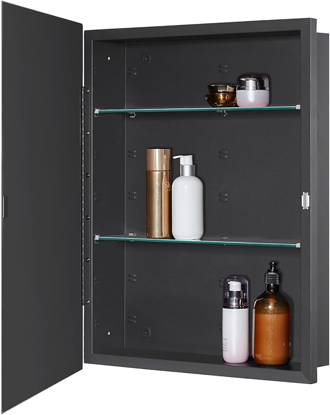 IDYLLOR Black Bathroom Medicine Cabinet with Beveled Edge Mirrored Door 20 x 26 inch, Recessed or Surface Mount, with Adjustable Glass Shelves