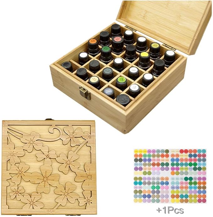 Pure Vie Bamboo Essential Oil Storage Box Travel Organizer Case with Bottle Cap Label - Aromatherapy Nail Polish Fragrance Container, Holds 25 Bottle for 5-15ml - Keep Scented Oil Safe & Space Saver