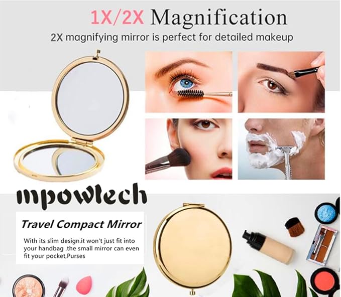 Gold Magnifying Compact Mirror for Purse - 1x/2x Magnification Travel Makeup Mirror 2.76 inch Double-Sided Mini Folding Mirror,Cute Small Pocket Mirror for Gift,Travel Essentials