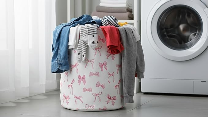 19.7" Laundry Basket,Dirty Clothes Hamper,Waterproof Storage Bin,Room Decor,Gift Baskets,Nursery Hamper(Pink Bowknot)