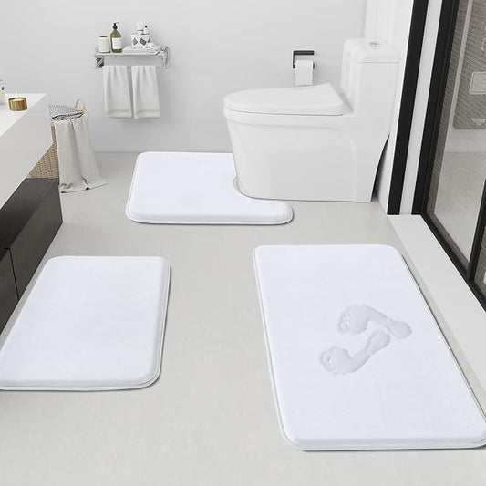 HUXMEYSON Bathroom Rugs Sets 3 Piece, Non-Slip & Quick Dry Bath Mat Set, Ultra Soft Velvet Bath Rugs for Bathroom, Toilet and Shower Floor, White
