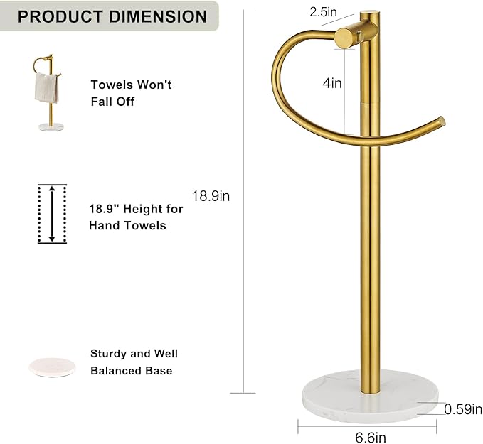 Standing Towel Bar Holder - Free Standing Bathroom Towel Rack Towel Holder with Engineered Stone Base - Countertop Vanity Towel Stand for Hand/Kitchen Towels (Brushed Gold)
