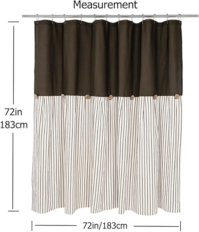Farmhouse Shower Curtain,Beige and Brown Stripe,Button Curtain,Linen and Cotton Woven Fabric,Rustic Charm Country Chic Style,72x72 in