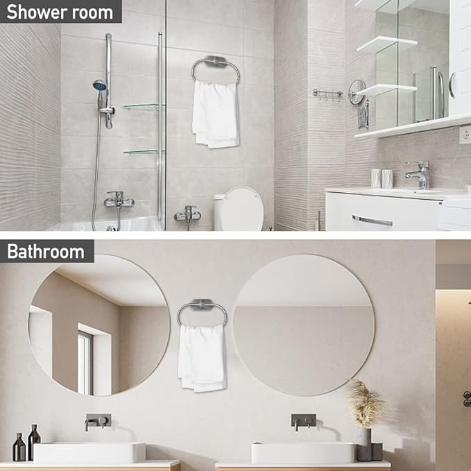Abnaok 2Pack Self Adhesive Towel Ring for Bathroom Stainless Steel Adhesive Hand Towel Holder No Drilling Modern Hand Towel Hanger Stick on Wall Brushed Nickel
