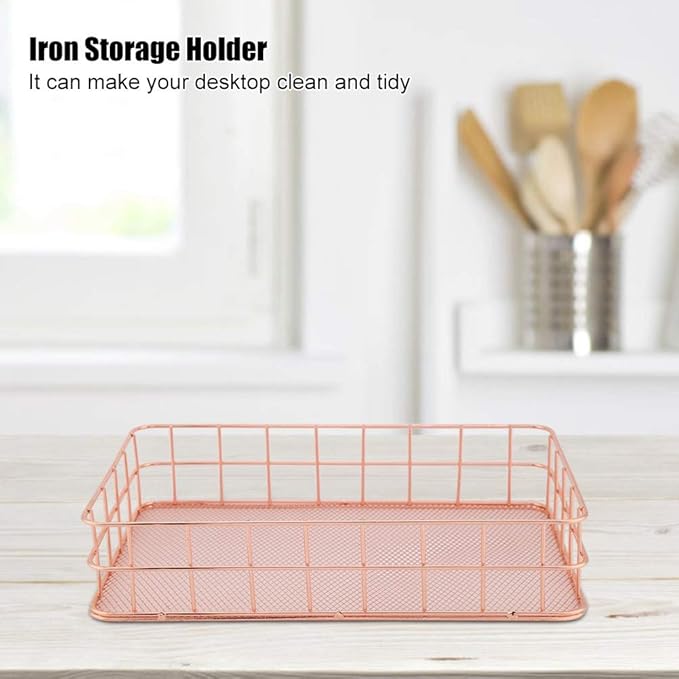 Fdit Makeup Storage Basket Organizer Rose Gold Iron Storage Holder Desktop Decor Household Woman Girl Lady(D)