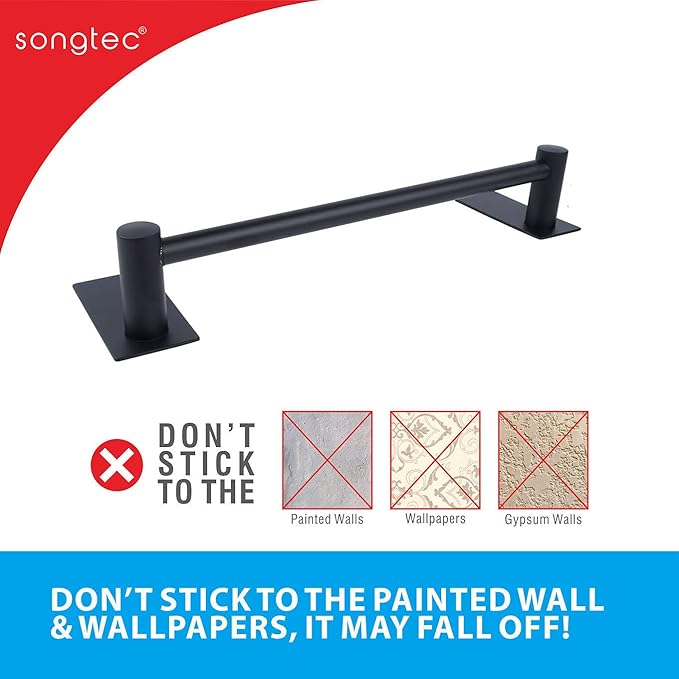 Songtec Stick Towel Bar Black 12-Inch, Adhesive Bath Towel Rack No Drill, Strong Adhesion Tape Mount Towel Holder, Stainless Steel - Black