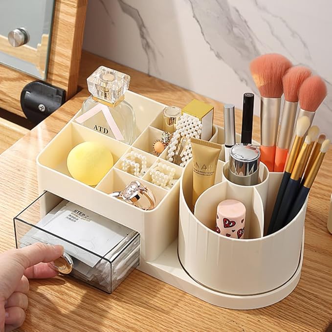Dressing Table Organiser 360° Makeup Organiser Rotatable 2-in-1 Brush Holder Cosmetic Storage for Room Decor, Dressing Table, Bathroom and Bedroom (22.5 x 12 x 11 cm)