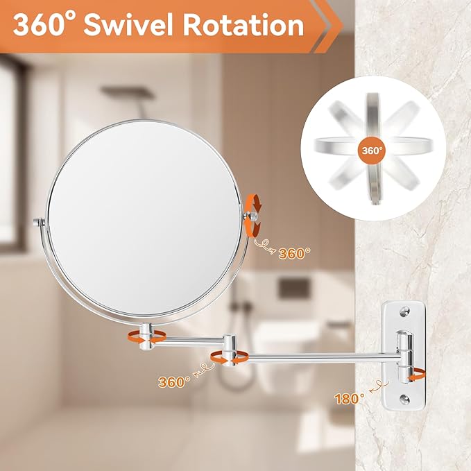 8 inch Wall Mounted Makeup Mirror, 1X/10X Magnifying Double-Sided Wall Mount Shaving Mirror (Close-Up 10X) with Extendable Arm, 360° Swivel for Bathroom Vanity, Chrome (No Light)