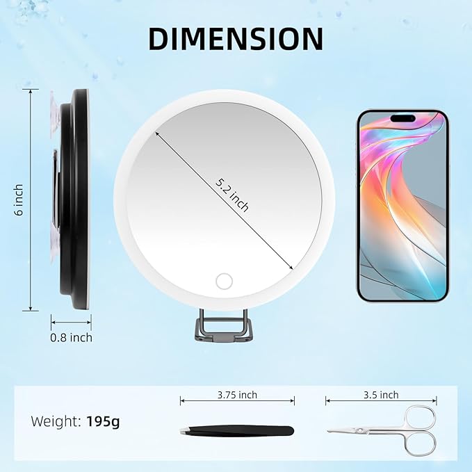 10X Magnifying Mirror with Lights, 6inch Makeup Magnified Mirror 10x Lighted Travel Magnification with 3 Suction Cups and 360° Adjustable Bracket - Includes Tweezers & Scissors