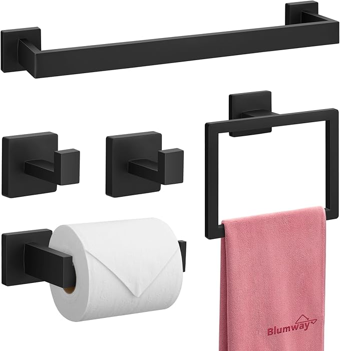 BlumWay 5-Pieces Matte Black Bathroom Accessories Set, 16 Inch Bathroom Hardware Set, SUS304 Stainless Steel Bath Towel Bar, Toilet Paper Holder,Towel Racks for Bathroom Wall Mounted