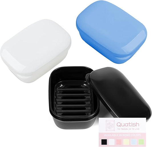 Quatish Soap Holder, Travel Soap Container with Lid, Portable Bar Soap Case, Leakproof Soap Box with Perforations, Soap Dishes for Traveling, Camping, Gym, 3 Pack(Black,White,Navy)
