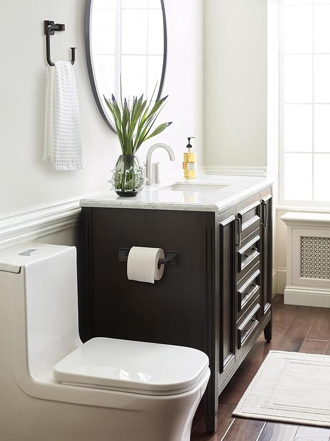 Amerock BH36021ORB | Oil Rubbed Bronze Pivoting Double Post Toilet Paper Holder | 8-13/16 in. (224 mm) Toilet Tissue Holder | Mulholland | Bath Tissue Holder | Bathroom Hardware | Bath Accessories