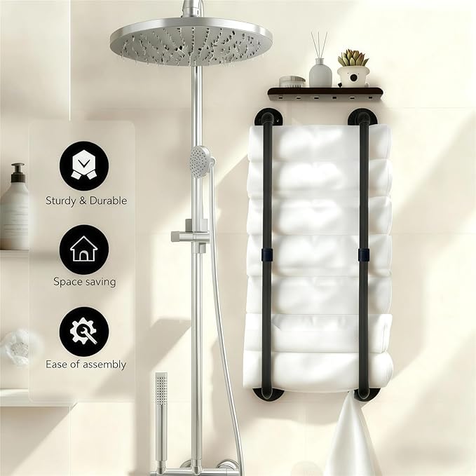 Industrial Pipe Towel Rack for Rolled Towels,Towel Rack for Bathroom,Wall Mounted Metal Towel Holders for Small Bathroom,Bathroom Organizer Storage,5.5" W x 30" H,Black