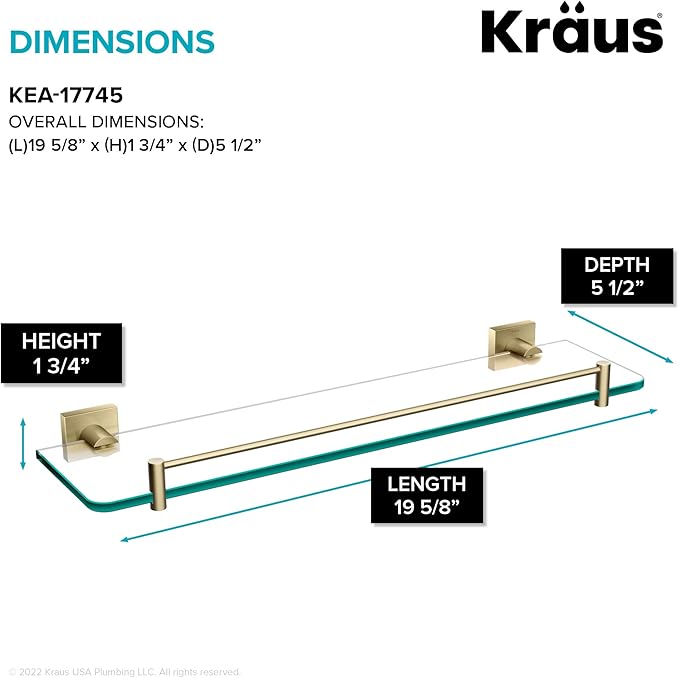 Kraus Ventus Glass Bathroom Shelf with Rail, Brushed Gold Finish, KEA-17745BG