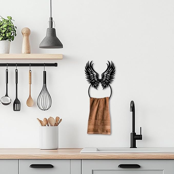 MAYJOYDIY Angel Wings Metal Towel Ring Feather Wings Towel Holder Bath Towel Ring for Wall Black Art Towel Rack Wall Mounted for Bathroom Kitchen Towel Hanger Home Decors Gift