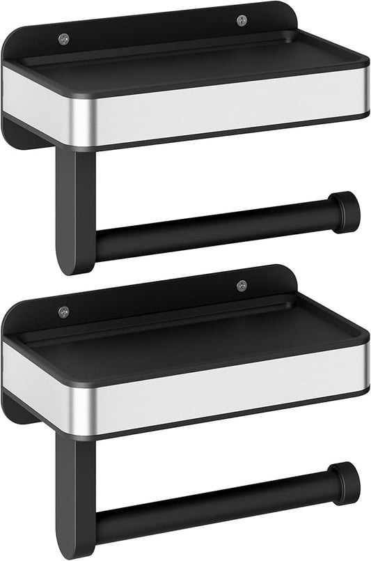 Kitsure Toilet Paper Holder with Shelf - Adhesive & Screw Wall Mount Toilet Paper Storage, Matte Black Design for Bathroom Decor, Space-Saving for Washroom, RV, Black, 2 Pack