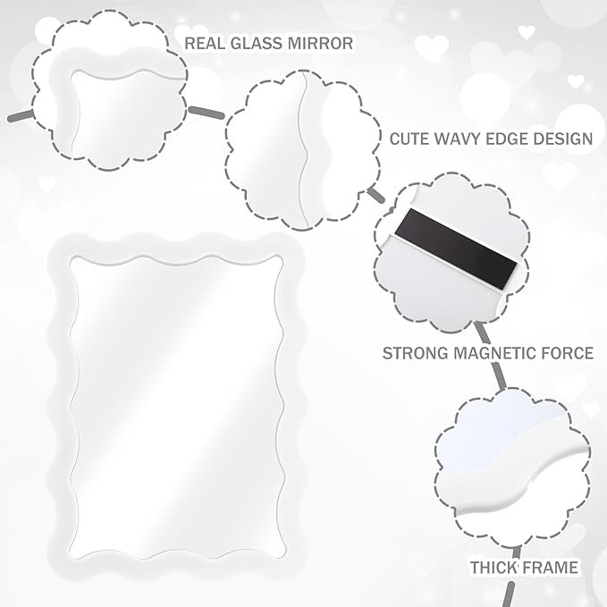 Leinuosen 2 Pcs Scalloped Magnetic Locker Mirror 5 x 7 Inch Small Real Glass Makeup Mirror with Magnetic Backing Cute Locker Decorations for Office Cabinet Lockers Accessories (White)